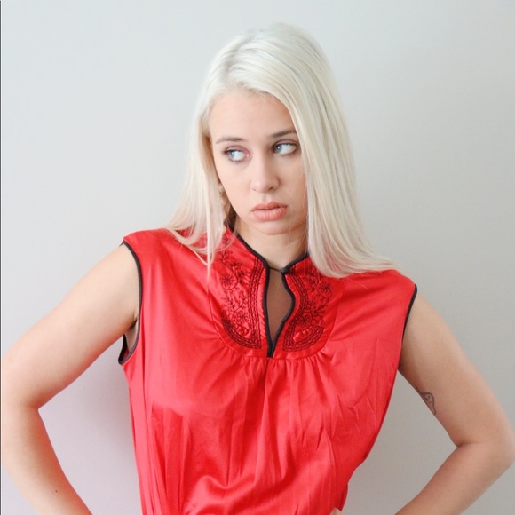 80’s Red Silky Mandarin Style Nightgown - Picture 2 of 8